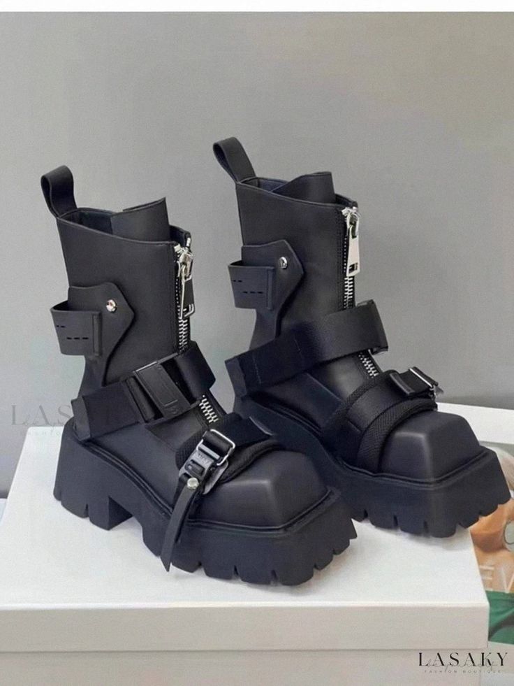 Lasaky - High Quality Leather Martin Boots with Thick Sole, Buckle Closure, Square Toe, Ankle Length - Stylish Futuristic Boots, White Chelsea Boots, Rave Shoes, Square Toe Ankle Boots, Gothic Shoes, Chunky Heel Ankle Boots, Botas Chelsea, Platform Heels Chunky, Martin Boots