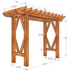 a wooden structure with measurements for the top and bottom sections, including an attached pergolan