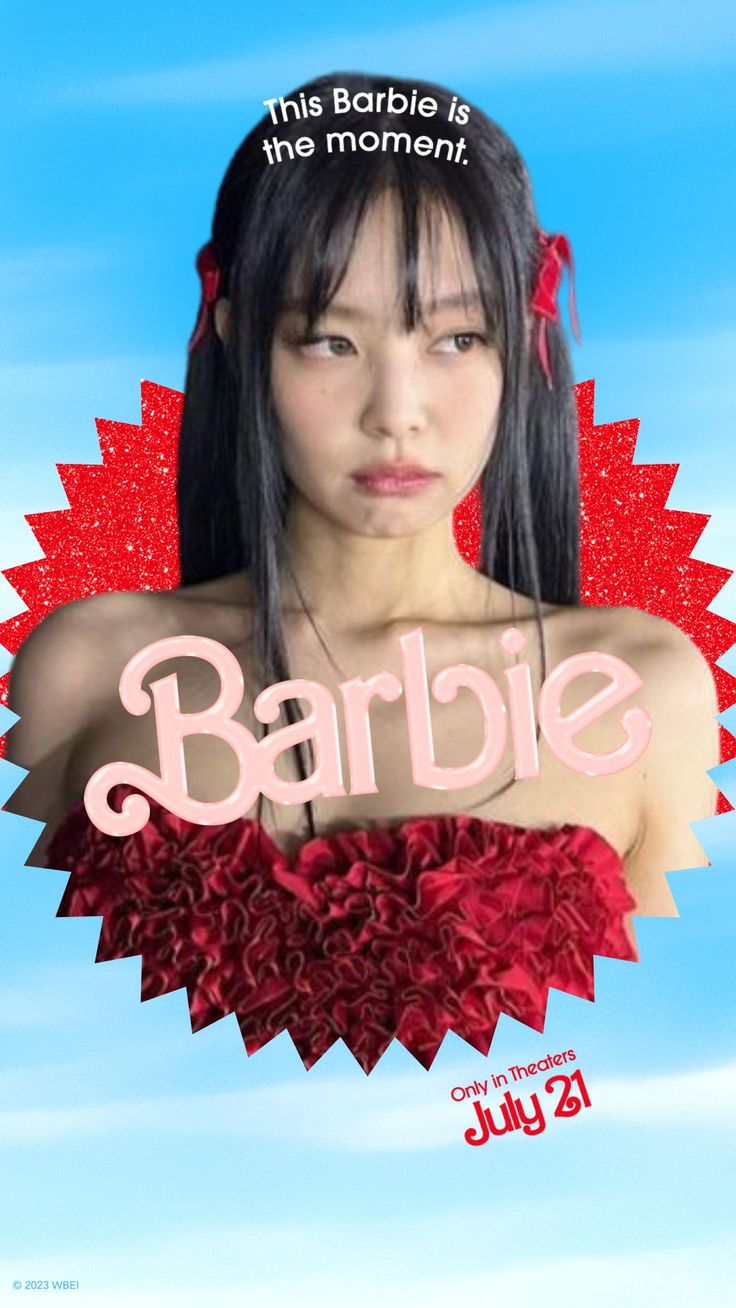 a woman with long black hair wearing a red ruffled dress and the words barbie above her head