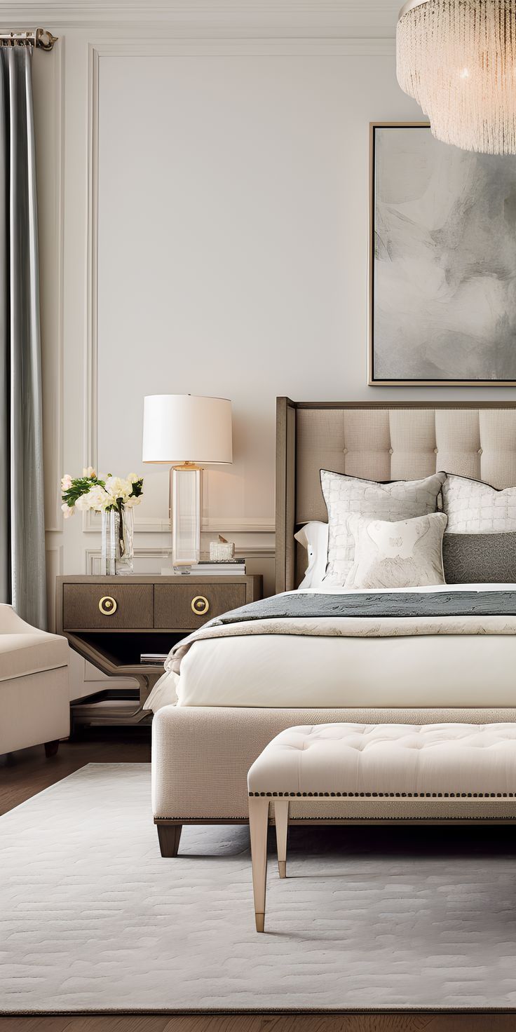 a large bed sitting in a bedroom next to a window