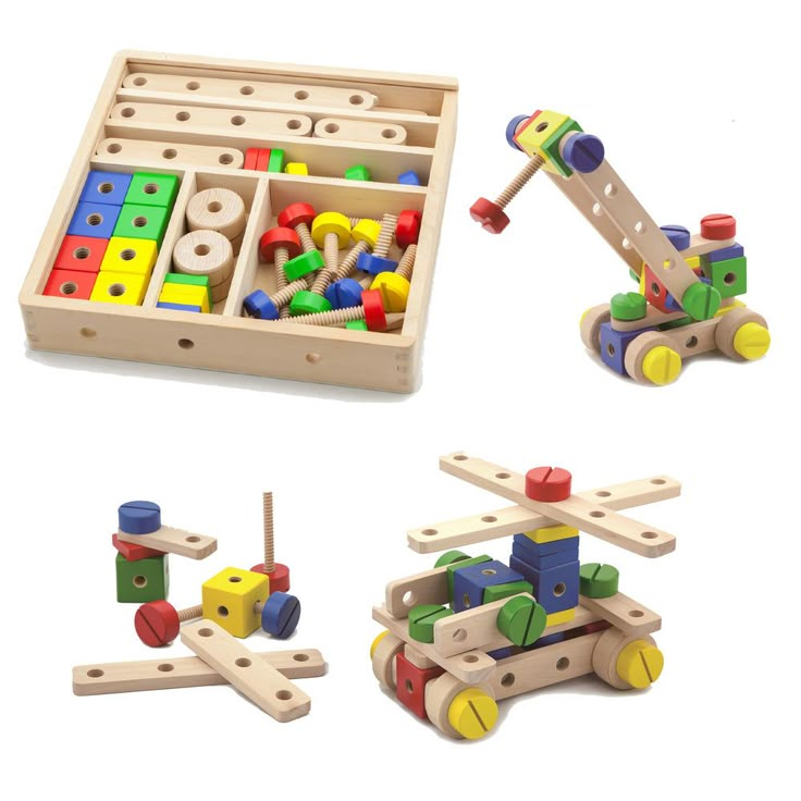 three wooden toys with different shapes and sizes