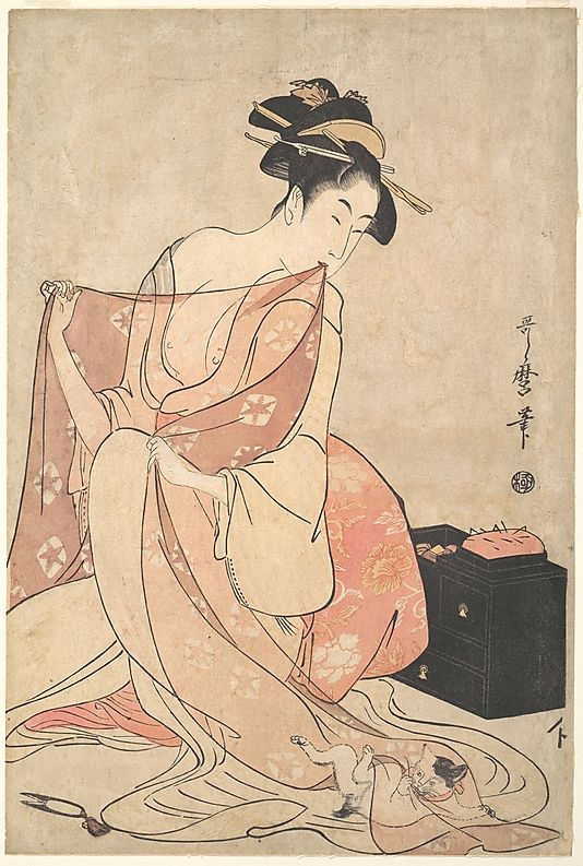 Kitagawa Utamaro (Japanese, 1753–1806). A Woman and a Cat, ca. 1793–94. Edo period (1615��–1868), Japan. The Metropolitan Museum of Art, New York. H. O. Havemeyer Collection, Bequest of Mrs. H. O. Havemeyer, 1929 (JP1672) Art Chinois, Japanese Artwork, Japanese Geisha, Arte Inspo, Art Japonais, Edo Period, Japanese Woodblock Printing, A4 Poster, Japanese Painting