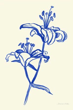 a drawing of a blue flower on a white background