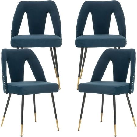 three blue velvet chairs with gold legs