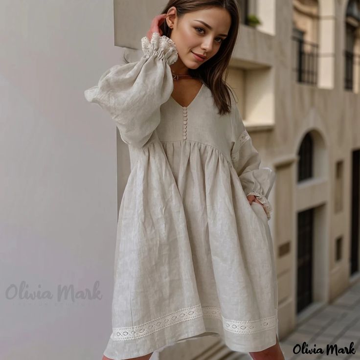 Olivia Mark - Cotton and Linen Lantern Sleeve Loose-Fit Dress with Pleated Collar Backless Evening Dress, French Dress, Lantern Sleeve Dress, Cotton Linen Dresses, Linen Mini Dress, Loose Fitting Dresses, Elegant Dresses For Women, Khaki Dress, Vestido Casual