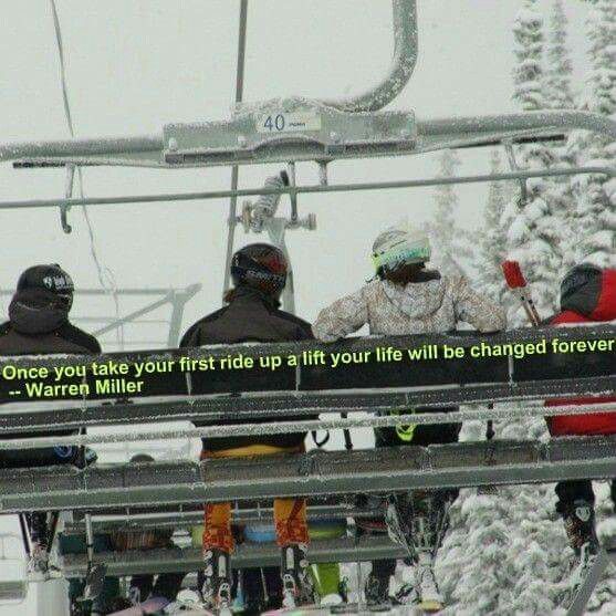 three people sitting on a ski lift with snow covered trees in the background and a quote written below