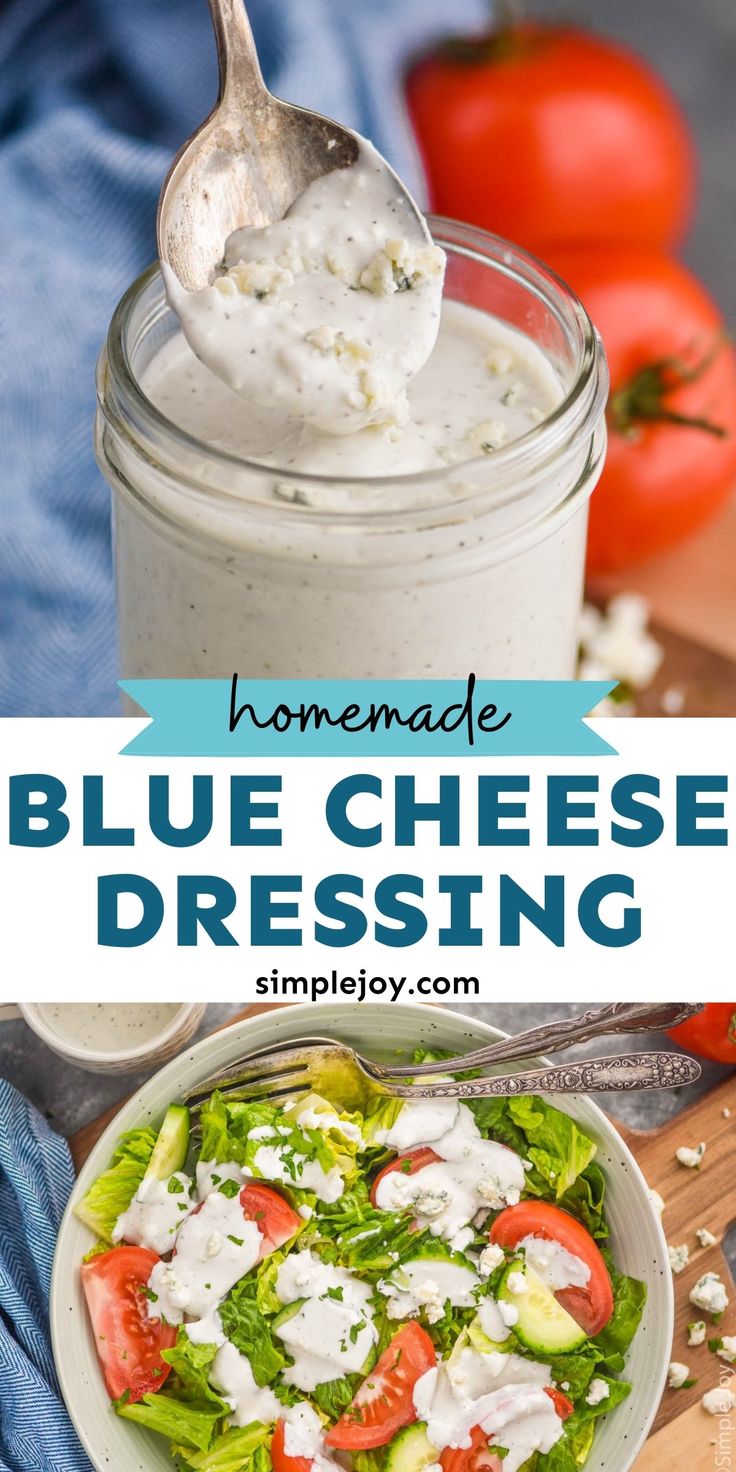 homemade blue cheese dressing in a glass jar with a spoon and tomatoes on the side