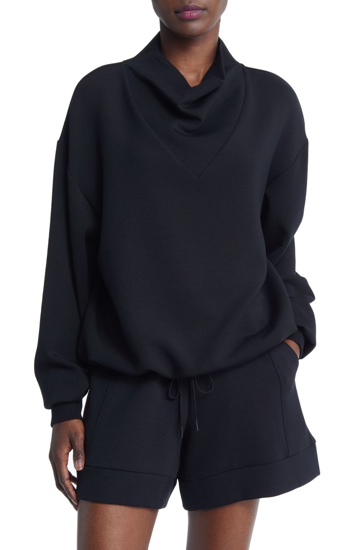 Varley Betsy Funnel Neck Sweatshirt | Nordstrom Black Sweat Shirt, Essential Sweatshirt, Funnel Neck Sweatshirt, Gym Attire, Black Sweats, Cowl Neck Sweatshirt, Turtleneck Sweatshirt, Muted Tones, Karen Scott