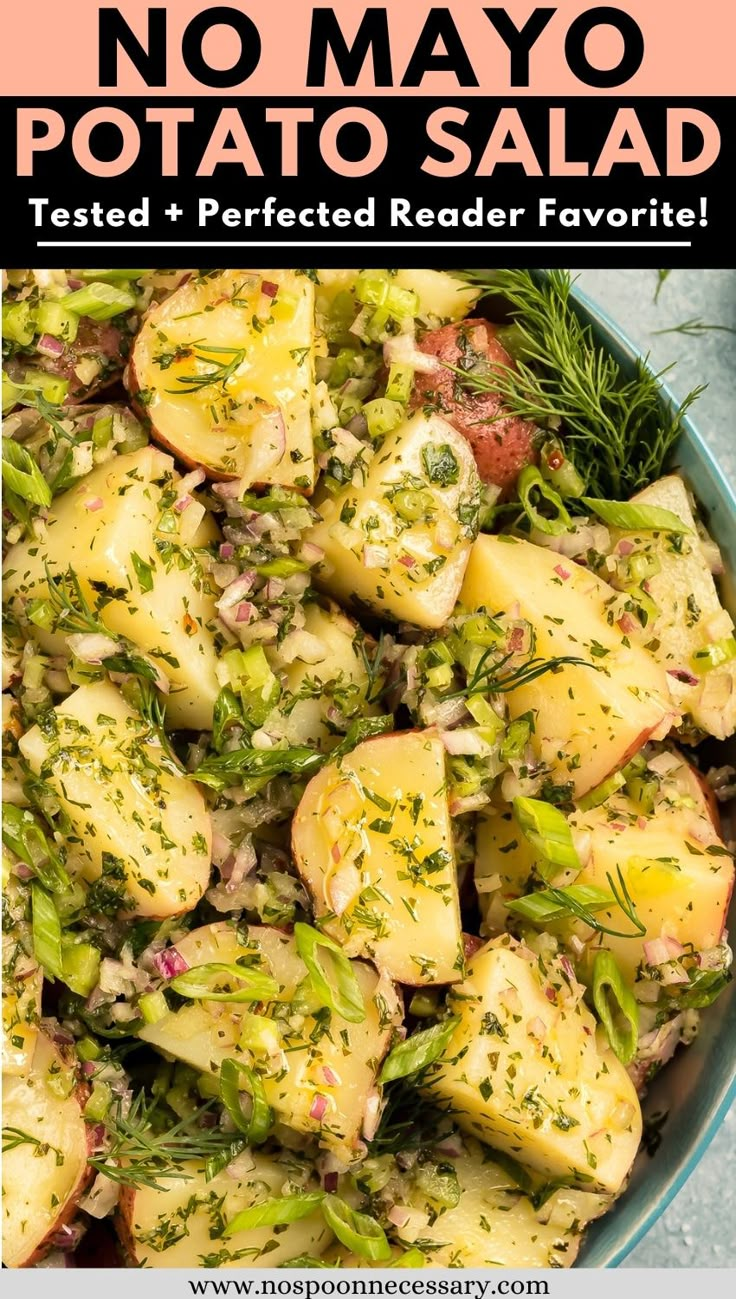 potatoes and broccoli in a bowl with text overlay that says no mayo potato salad