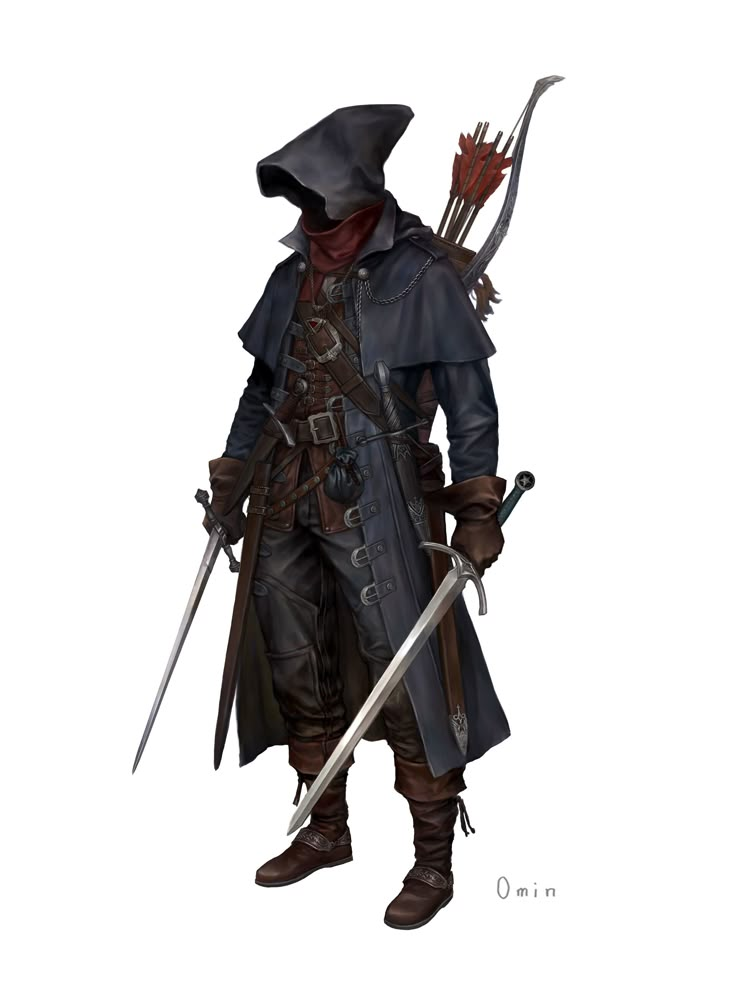 a man dressed in medieval clothing holding two swords and wearing a hat with an arrow on it