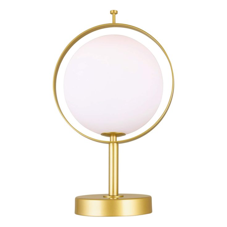 an illuminated table lamp with a white ball on it's base and gold metal stand