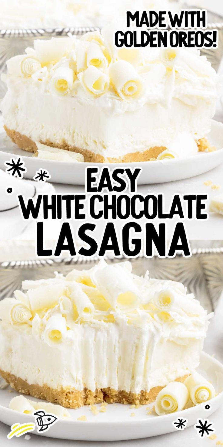 three pictures showing how to make an easy white chocolate lasagna cake with whipped cream on top