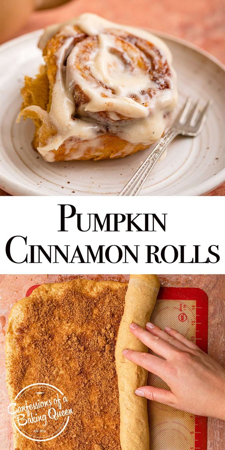 pumpkin cinnamon rolls on a plate with a fork