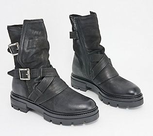 Look edgy and right on trend with these European leather double-buckle ankle boots. From Miz Mooz. Rugged Buckle Closure Moto Boots For Winter, Rugged Moto Boots With Buckle Closure For Winter, Rugged Moto Boots With Buckle For Winter, Rugged Winter Moto Boots With Buckle Closure, Modern Ankle Moto Boots For Winter, Modern Winter Ankle Moto Boots, Modern Winter Moto Ankle Boots, Edgy Moto Boots With Leather Footbed For Fall, Buckle Ankle Boots