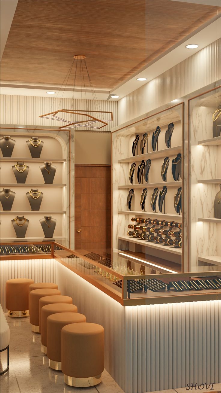 the interior of a shoe store with several rows of shoes on shelves and stools