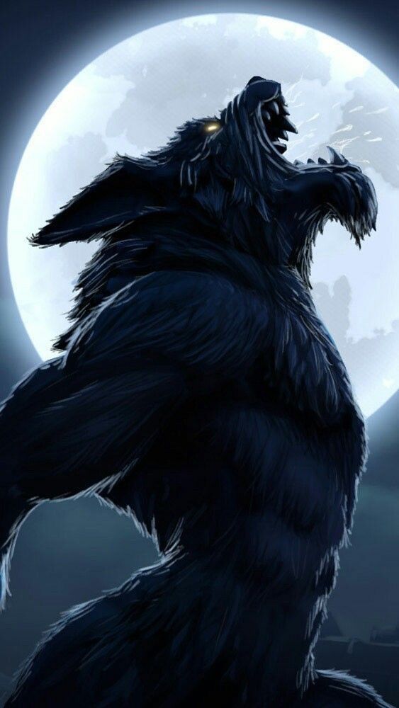 a large black wolf standing in front of a full moon