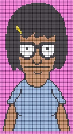 Tina Belcher Cross Stitch, Bobs Burgers Pixel Art Grid, Bobs Burgers Alpha Pattern, Bobs Burgers Pixel Art, Alpha Crochet Patterns Easy, Bobs Burgers Crochet, Bracelet Grids, Alpha Tapestry, Crochet Block Blanket