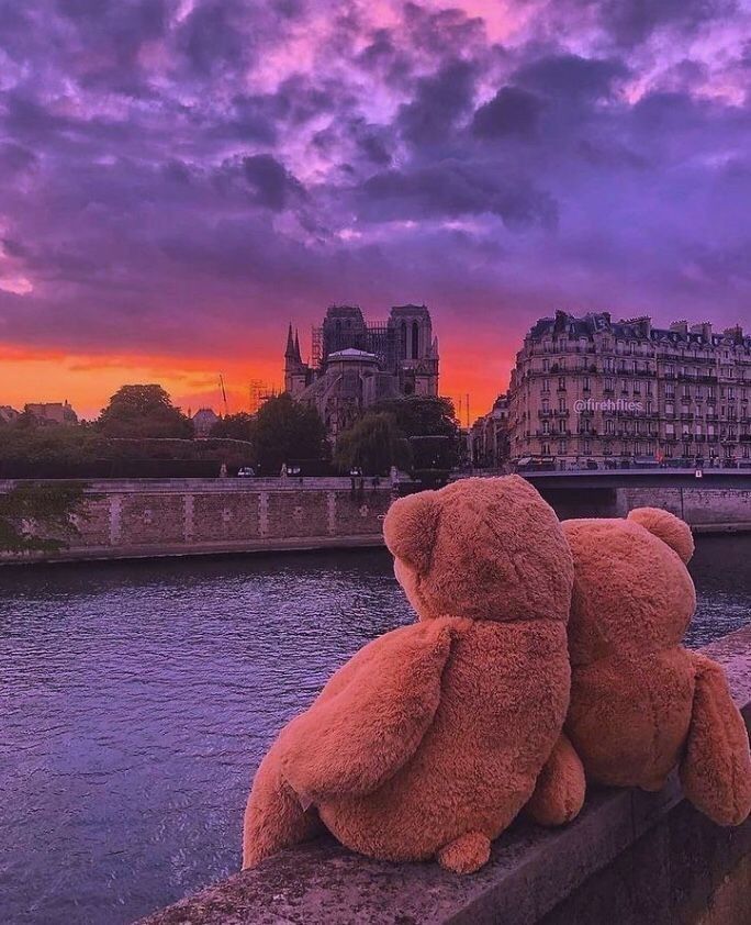 a teddy bear sitting on the edge of a bridge with buildings in the background at sunset