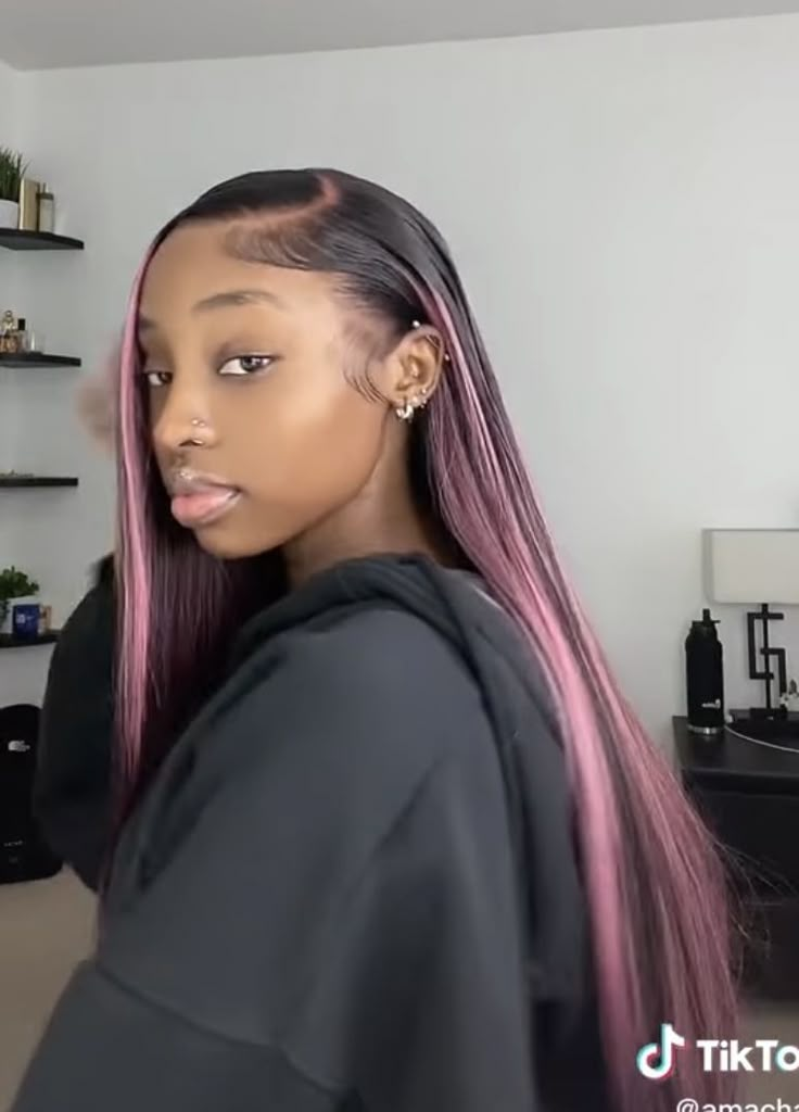 Quick Weave Color Hairstyles, Color Quick Weave Hairstyles, Sew In Hairstyles With Pink Highlights, Peekaboo Closure Sew In, Wigs With Pink Highlights, Side Part Sew In With Color, Pink Highlights Black Women, Sew In Pink Highlights, Side Part Quick Weave With Color