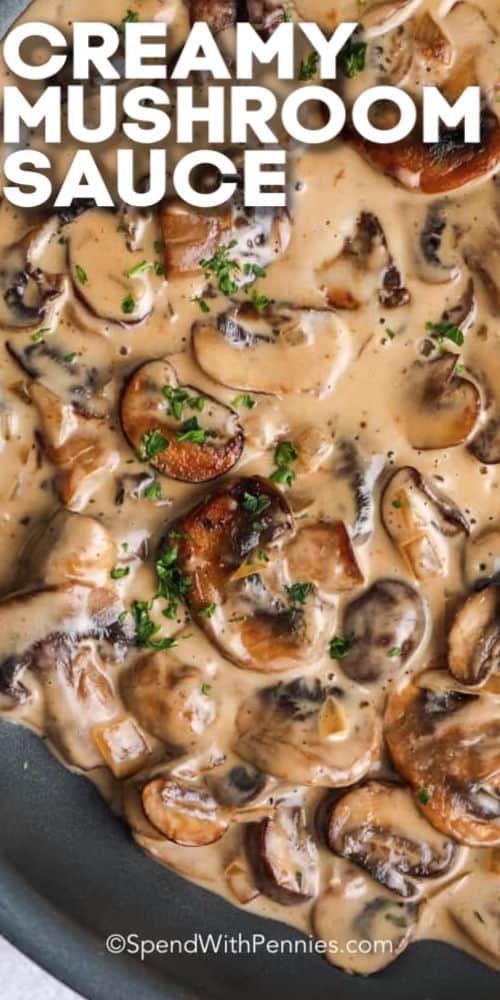 creamy mushroom sauce in a black skillet