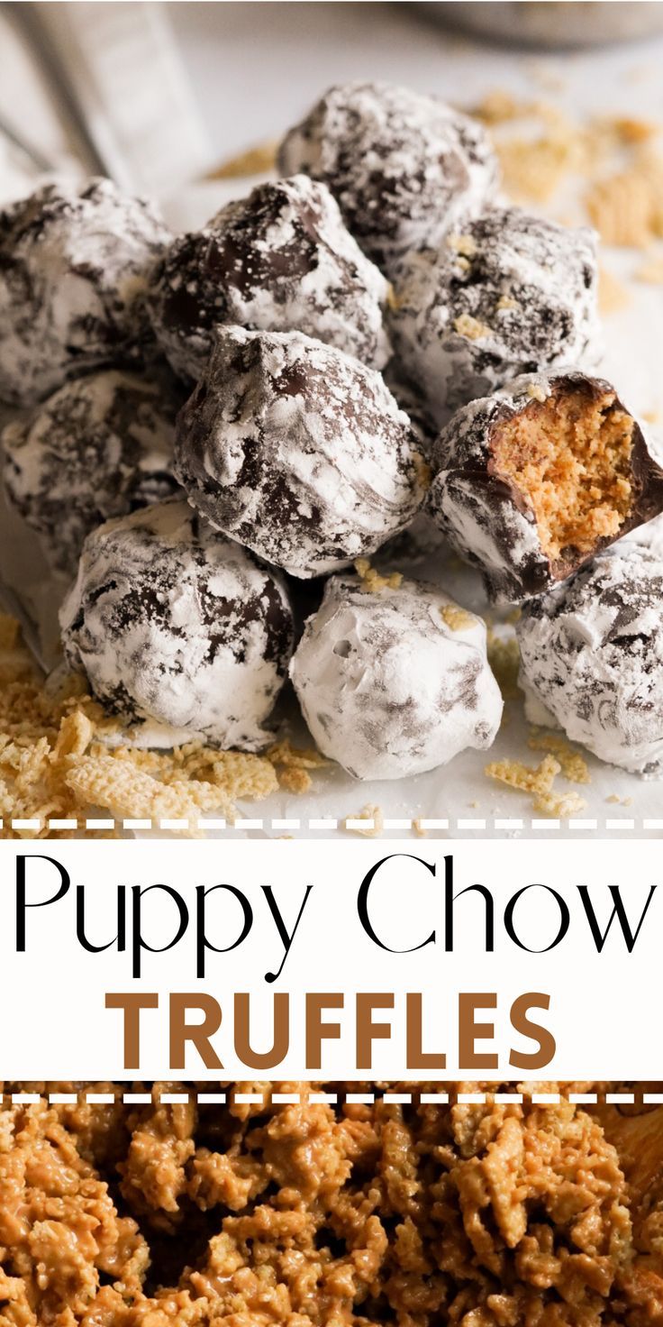 puppy chow truffles are piled on top of each other and ready to be eaten