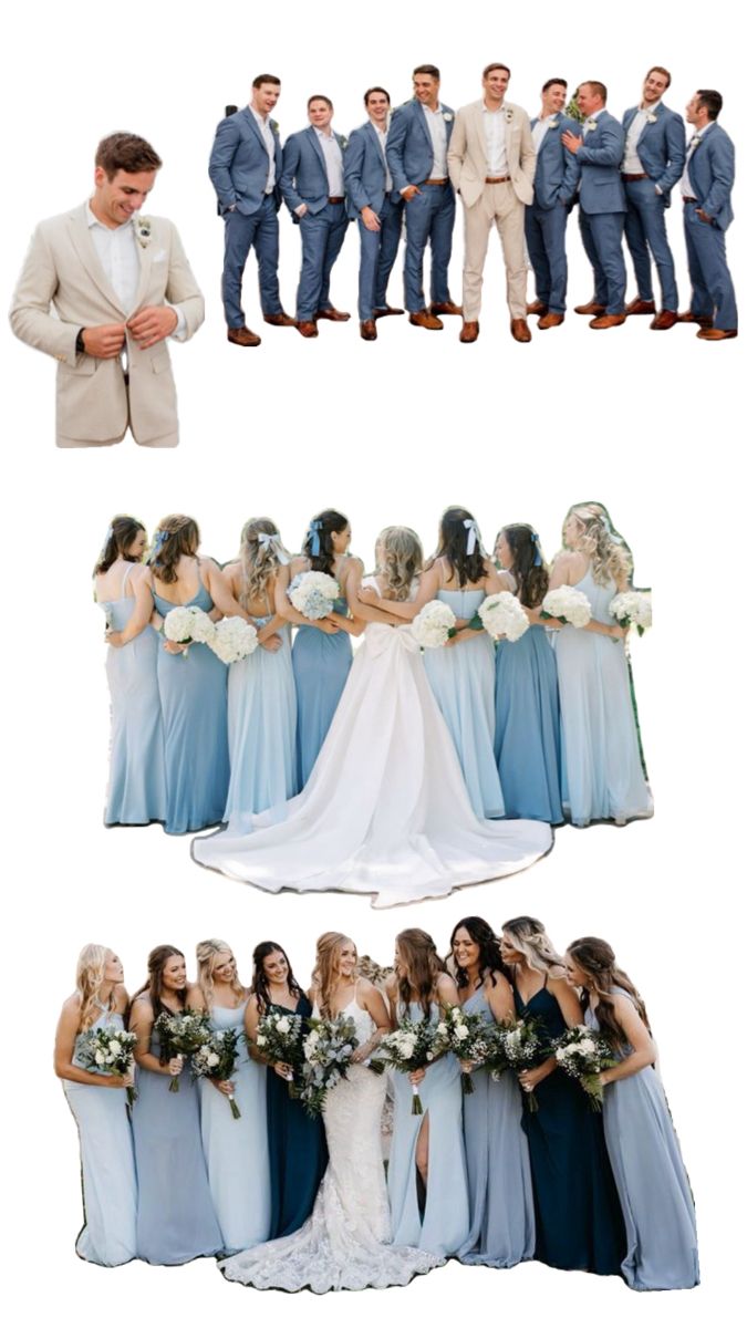 a group of people standing next to each other in front of a white background with blue and