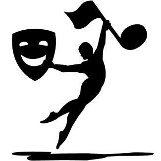 a black and white drawing of a person holding a flag with a mask on it