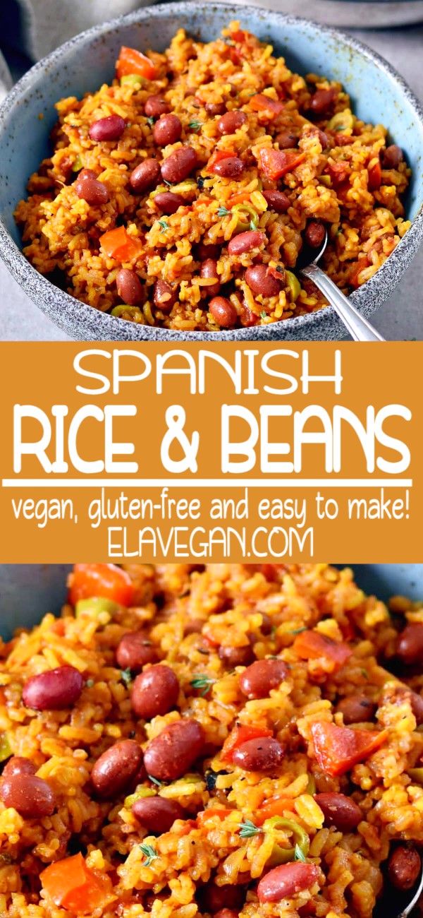 spanish rice and beans in a blue bowl with text overlay that reads vegan, gluten free and easy to make