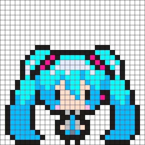 an image of a pixel art piece with blue hair and pink cheeks on the face