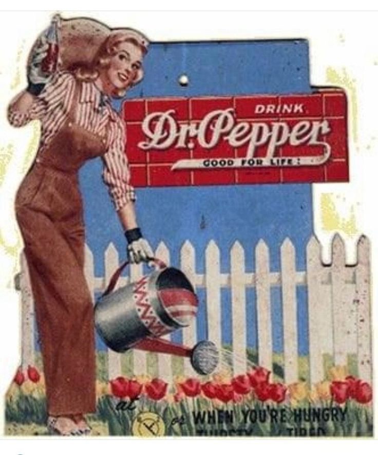 an old advertisement for dr pepper's drink in front of a picket fence with flowers