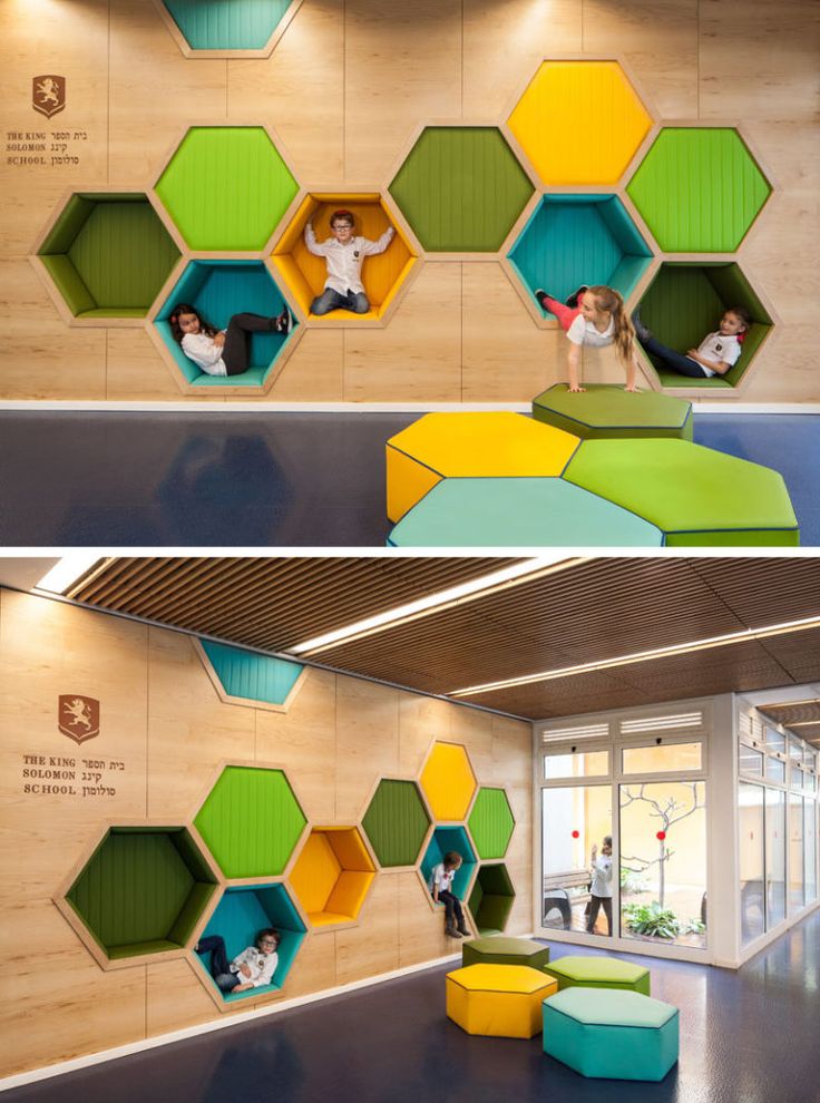 two pictures of children's playrooms with colorful hexagonal shelves