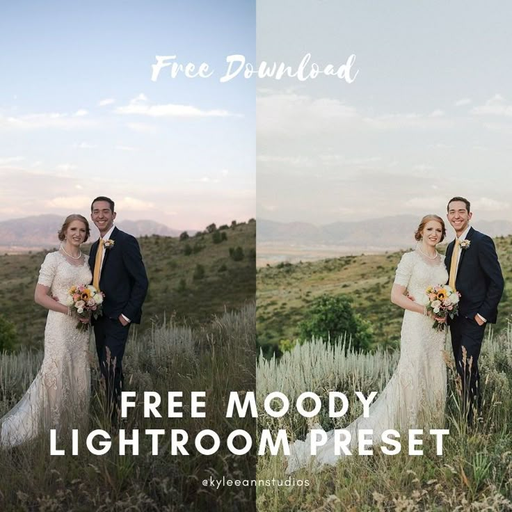 two pictures of a bride and groom standing in the middle of a field with mountains behind them