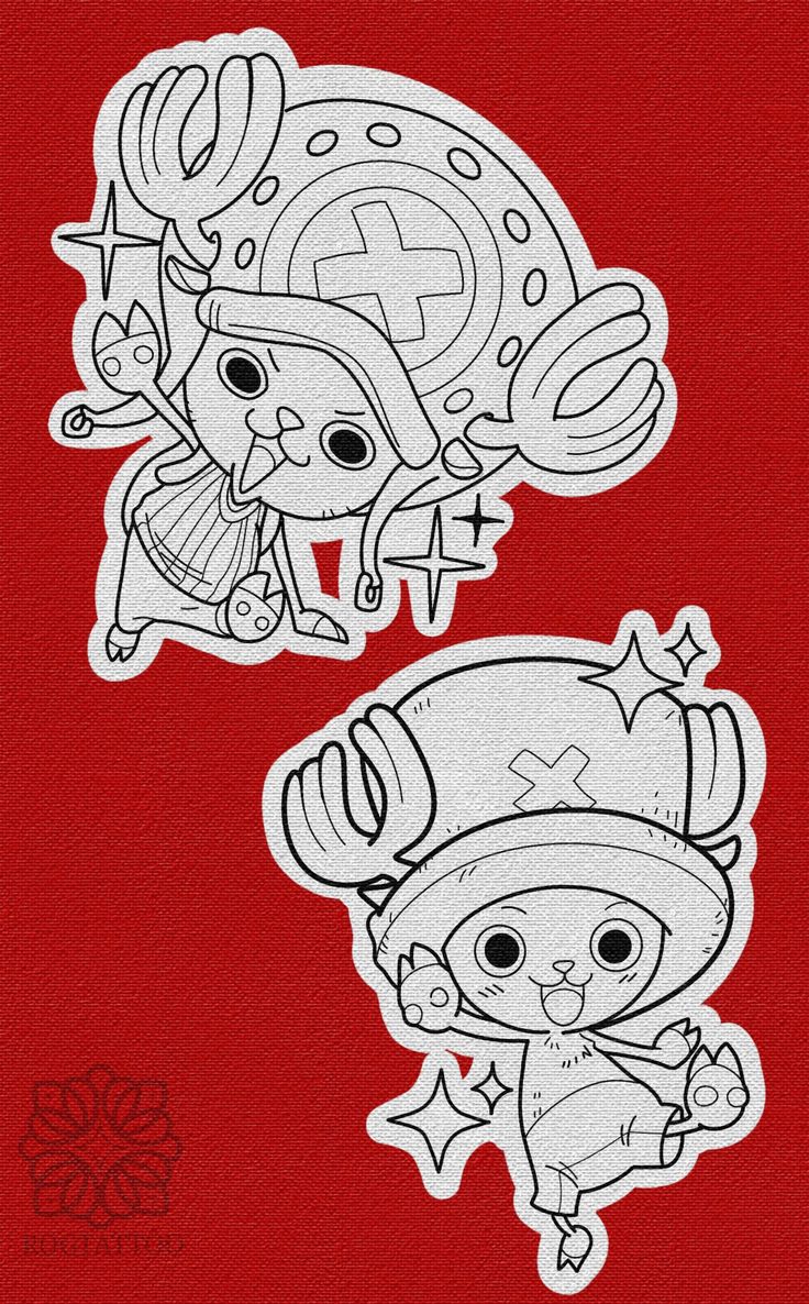 two stickers depicting cartoon characters in red and white, one with an image of a dog