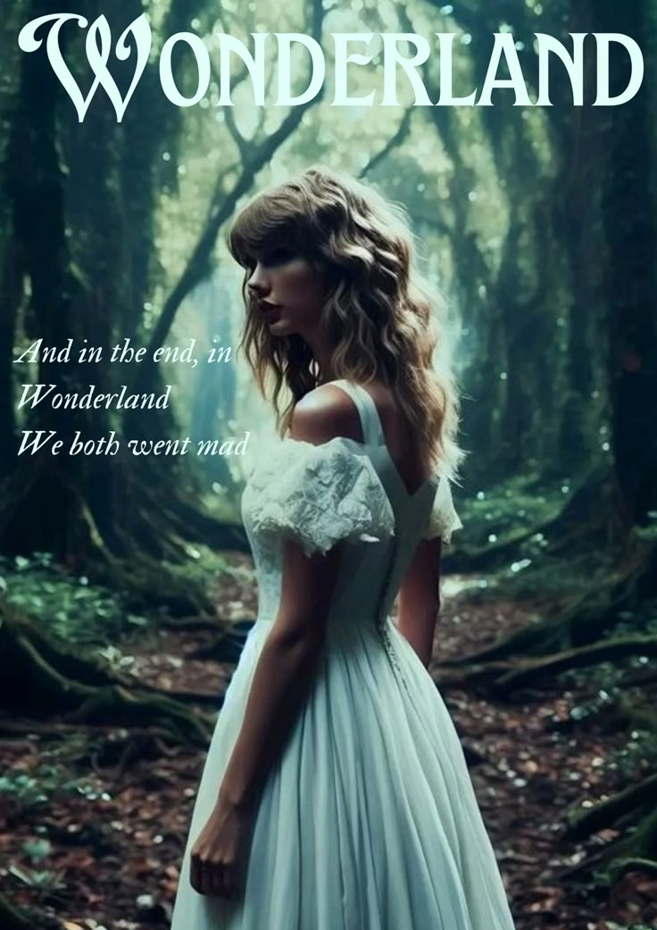 a woman in a white dress standing in the woods