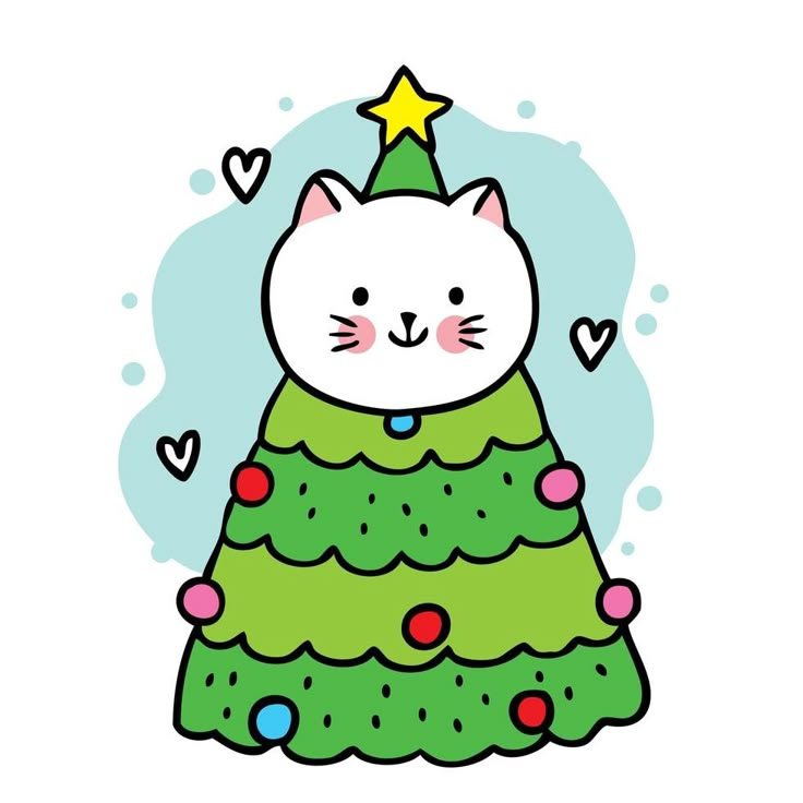 a white cat sitting on top of a christmas tree with hearts and stars around it