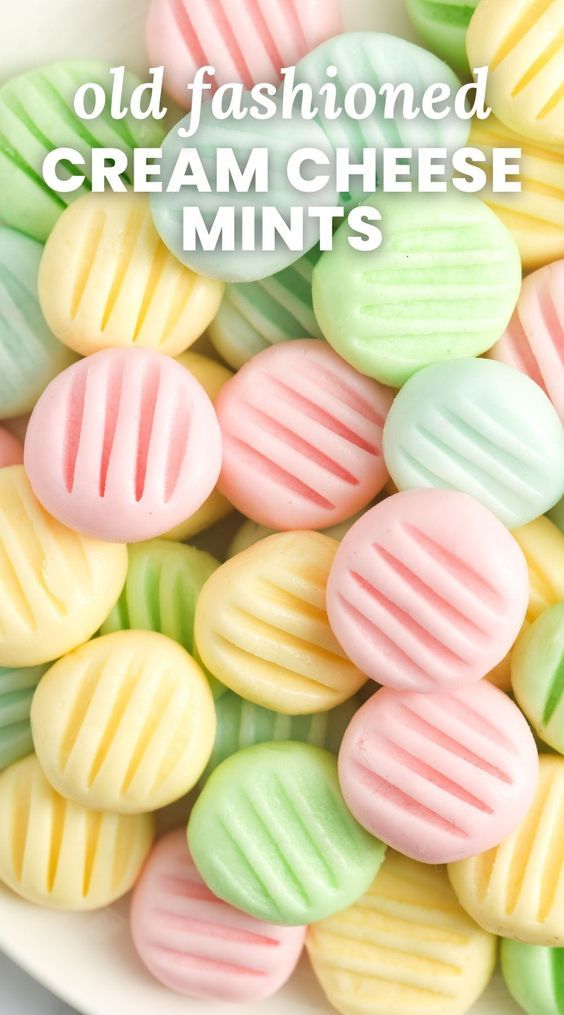 an image of pastely colored cream cheese minis on a plate with text overlay that reads old fashioned cream cheese mints