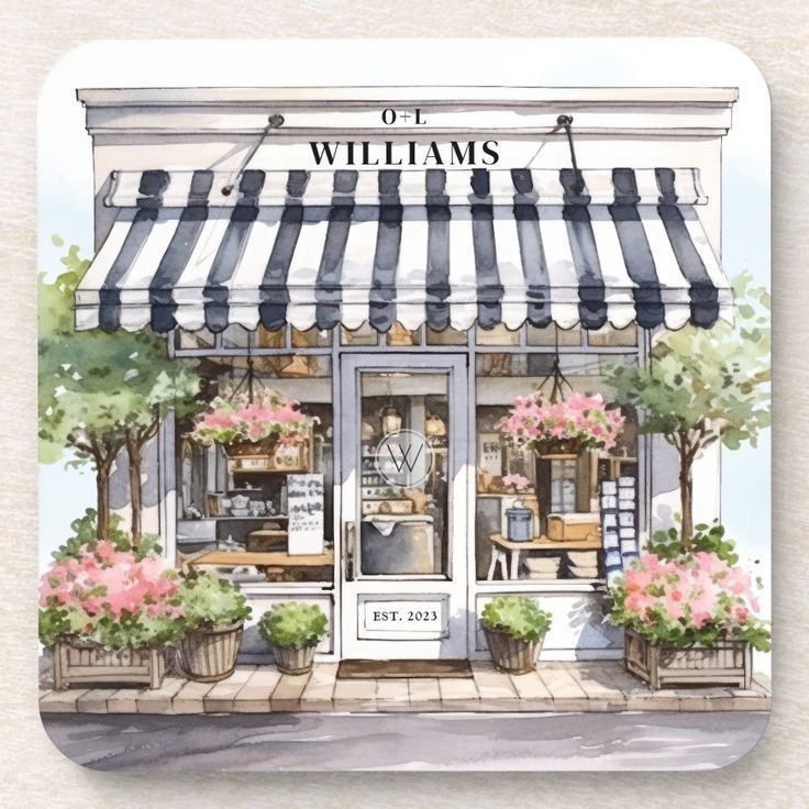 a watercolor painting of a store front with flowers in the window and awnings