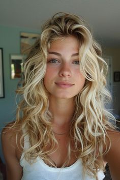 Blonde Curly Natural Hair, Long Blonde Hair With Lots Of Layers, Natural Blonde Highlights On Dark Brown Hair, Blonde Haircut Inspiration, Blond Hair Inspo Highlights, Hair Going Out, Wavy Curly Blonde Hair, Blonde Hair Curly Natural, Curly Hair Cuts For Long Hair