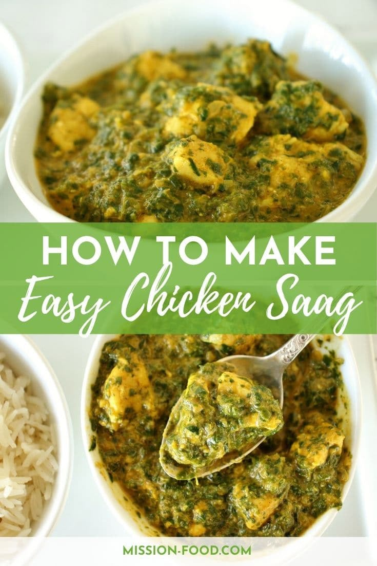 how to make easy chicken saag with spinach and white rice in a bowl