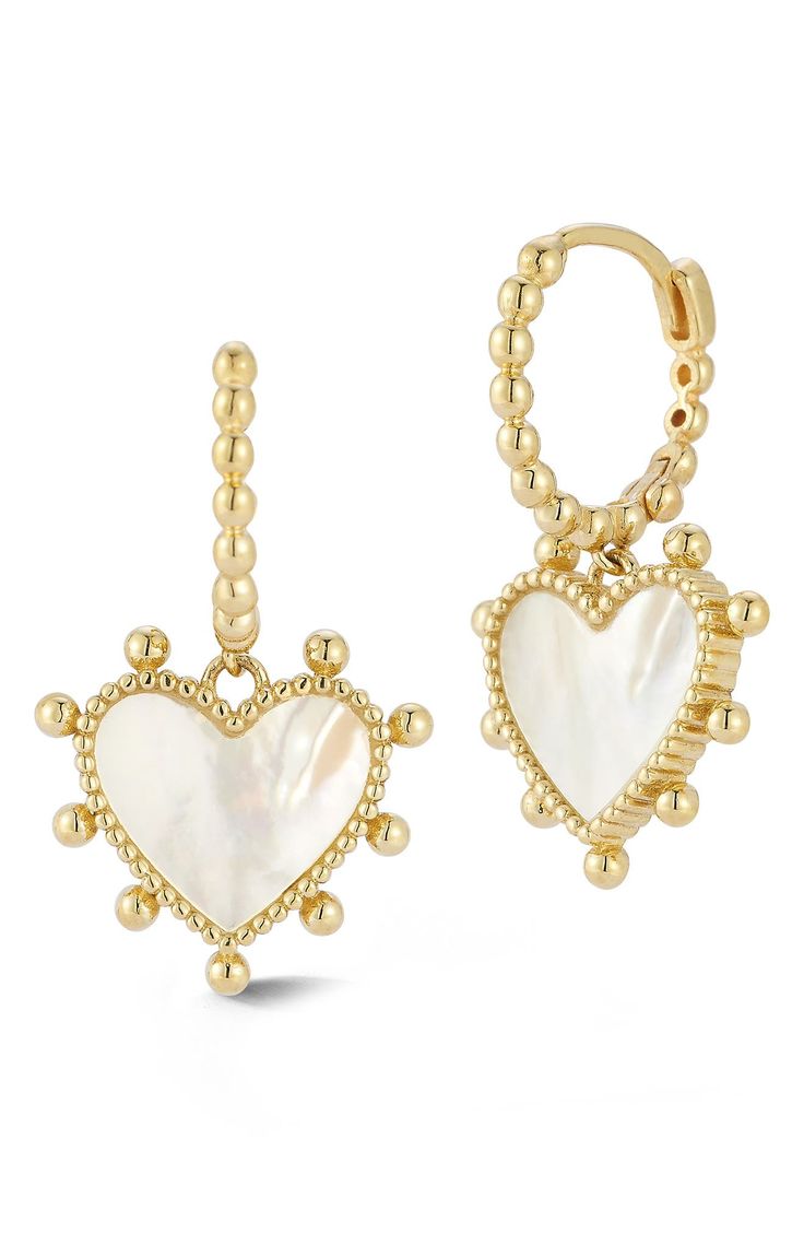 Shimmering shells fill the dangling hearts of these bead-trimmed huggie hoop earrings made from 14-karat gold. 1" length Hinged post back 14K gold plate/mother of pearl Imported Shell Heart, Nordstrom Jewelry, Mother Jewelry, Mother Of Pearl Earrings, New Earrings, Vintage Heart, Pearl Shell, Vintage Pearls, Huggie Hoop Earrings