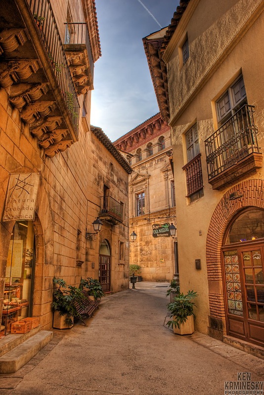 an alley way with old buildings and potted plants on either side, at sunset