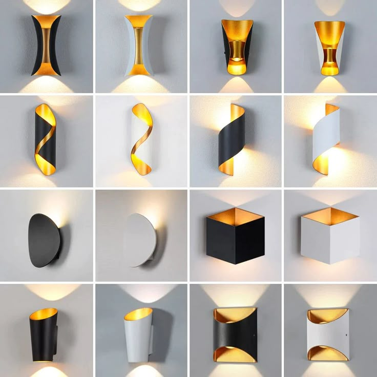 multiple images of different shapes and sizes of lights on the wall, including one with a light bulb