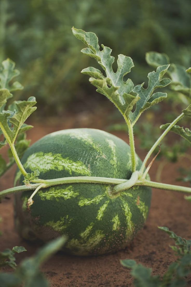 a green watermelon sitting on top of a dirt ground next to some plants