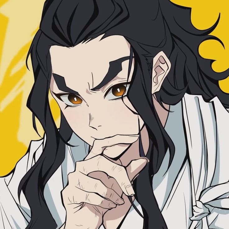 an anime character with long black hair and brown eyes, holding his hand to his chin