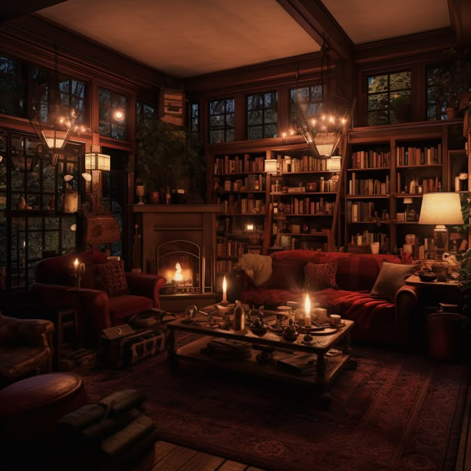 a living room filled with lots of furniture and bookshelves next to a fire place