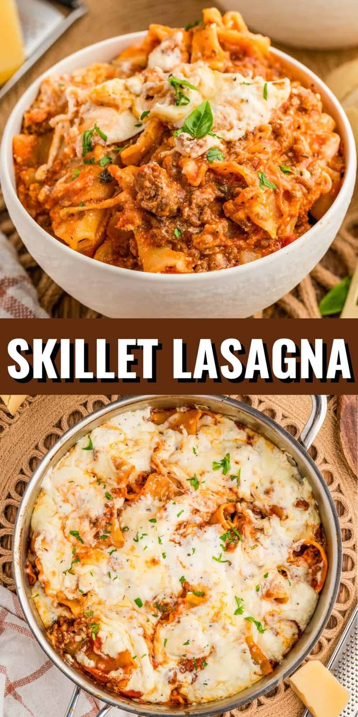 two pictures with different types of pasta in them and the words skillet lasagna