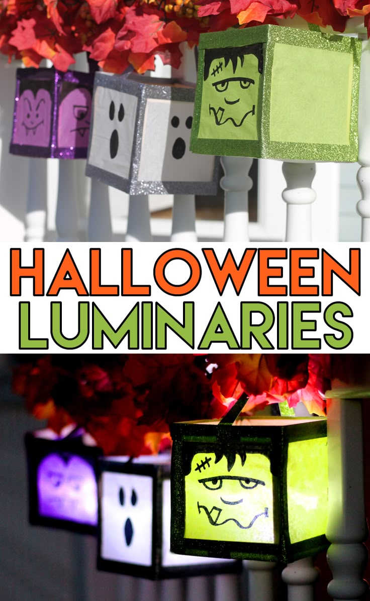 halloween luminaries hanging from the ceiling with text overlay