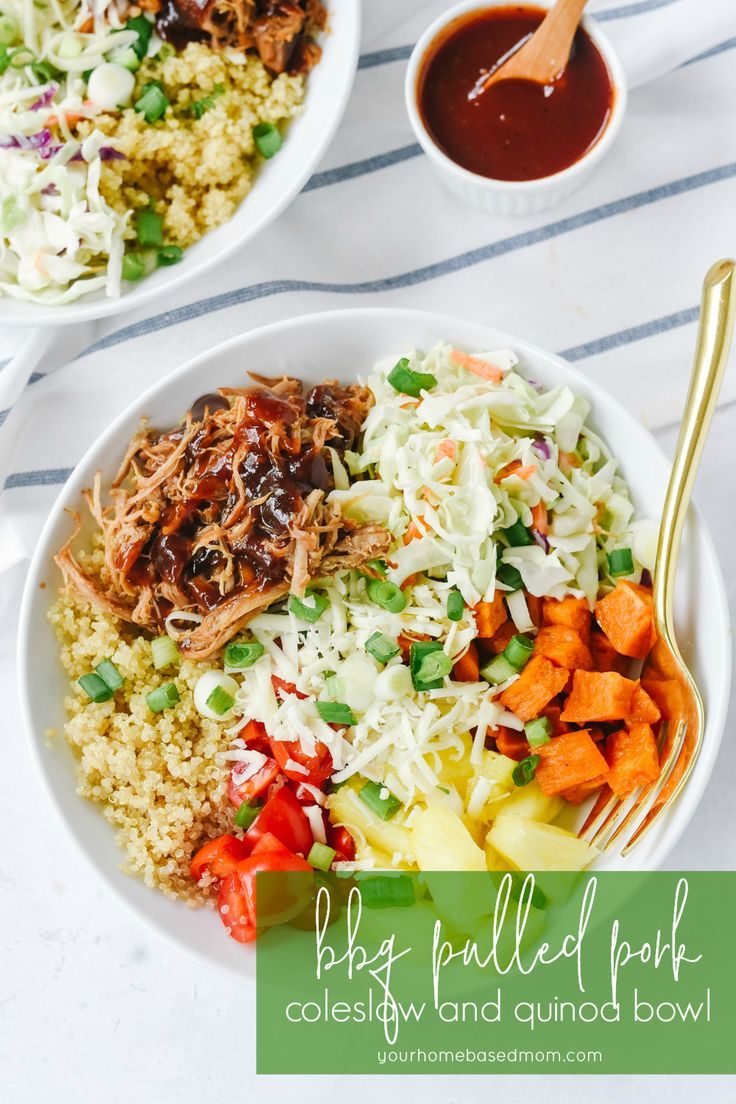 two bowls filled with coleslaw and carrots next to a bowl of bbq pulled pork