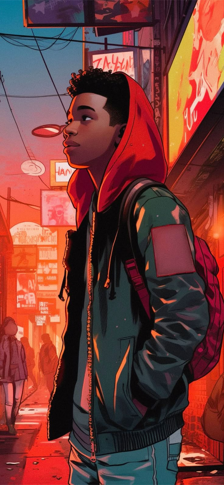 a man with a red hoodie standing in front of a neon cityscape