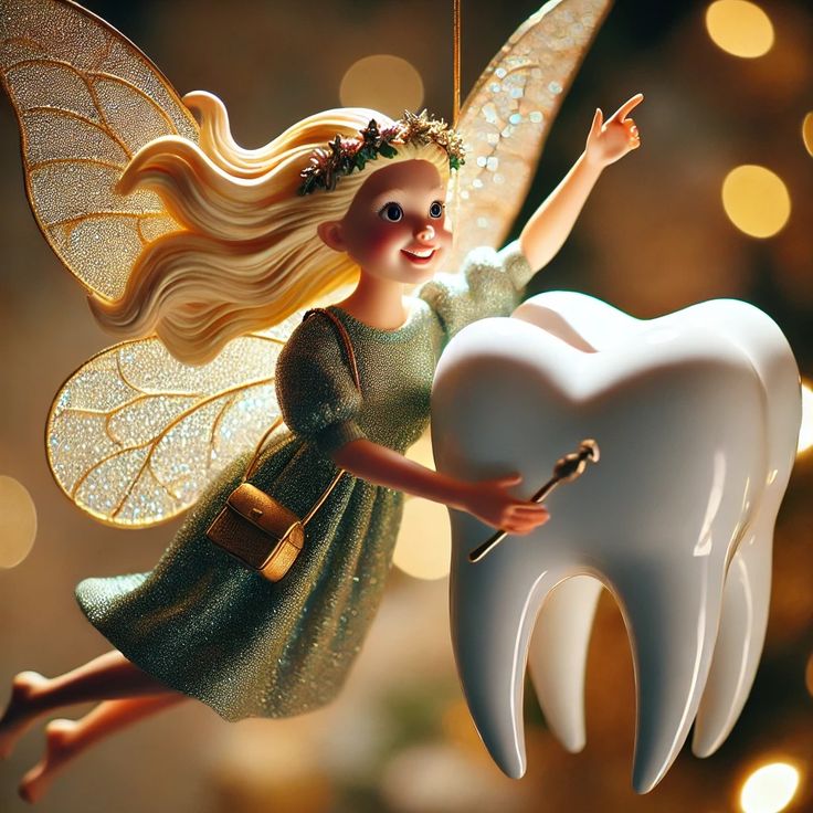 a tooth fairy holding a toothbrush next to a christmas ornament on a tree